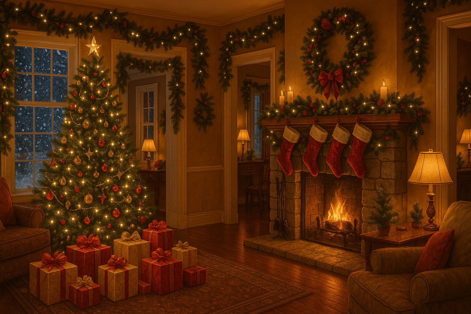 decorated christmas home inside snow outside the window 